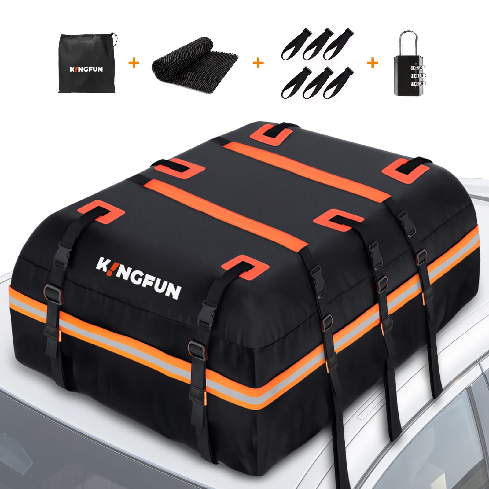 Kingfun Rooftop Cargo Carrier - Waterproof 15 Cubic Feet Car Roof Bag for All Vechicles with/Without Racks, Includes Anti-Slip M